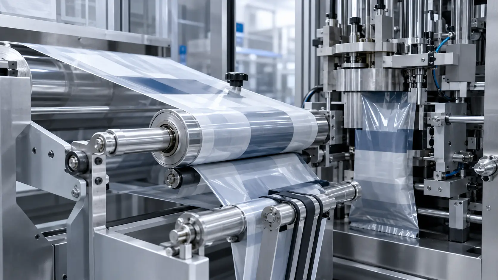 Filme flexível deslizando pelos componentes de uma linha de envase automático durante a avaliação do coeficiente de atrito.