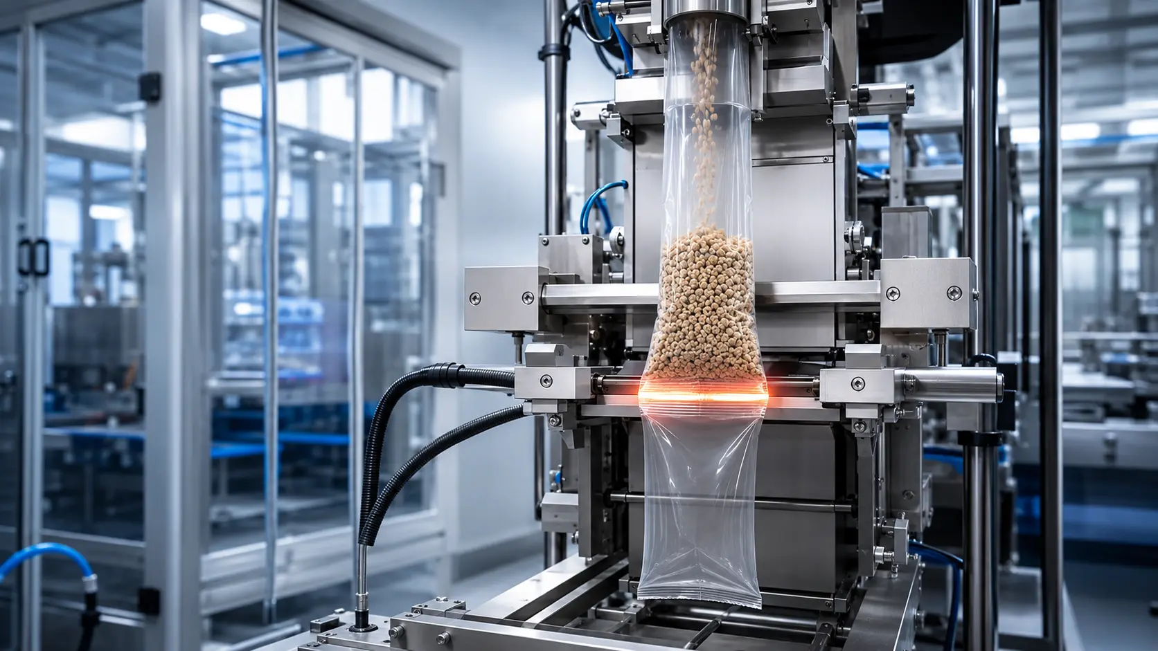 Selagem transversal ainda quente sustentando o produto em uma linha de envase VFFS durante o ensaio de hot tack.